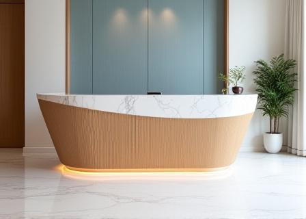 Modern minimalist curved reception desk in a luxury hotel lobby